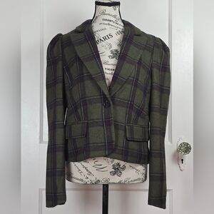 NWT Modcloth Olive Green Plaid Wool Blend Victorian Jacket Size Medium